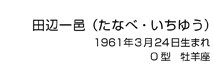 田辺一邑（たなべ・いちゆう）　1961年3月24日生まれ　O型　牡牛座